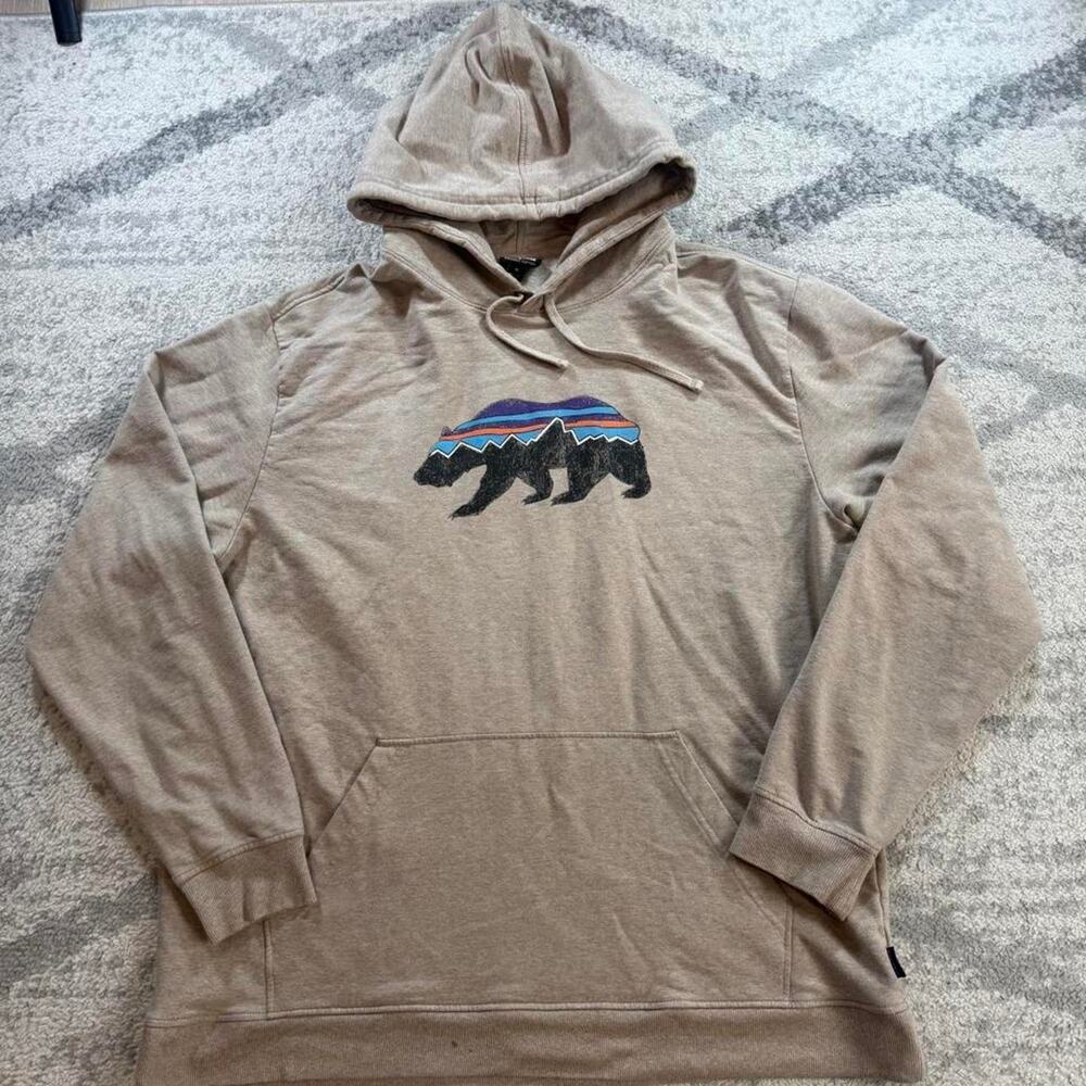Patagonia Hoodie Mens Medium Tan Fitz Roy Bear Midweight Organic Cotton Stretch